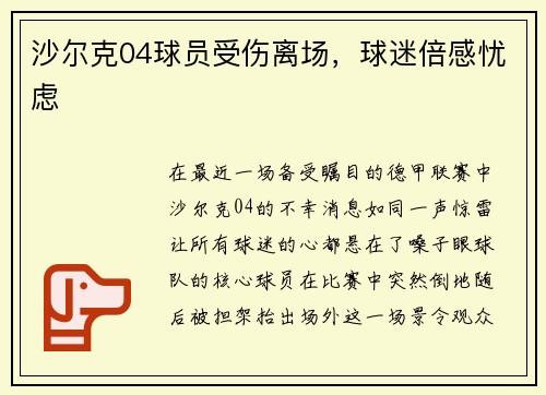沙尔克04球员受伤离场，球迷倍感忧虑